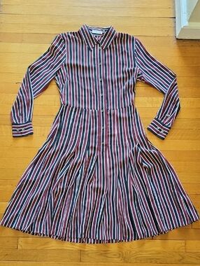 Equipment Femme, Striped Silk Pleated Midi Dress, Burgandy Black, EUC, W's XS